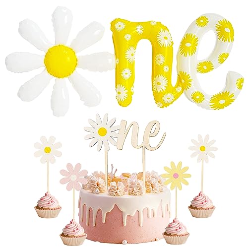 Gänseblümchen ONE Folienballon mit 5 Stück Gänseblümchen Hölzernes Tortendeko,Gänseblümchen Geburtstag Luftballon,Cupcake Deko,1 Jahr Geburtstag,1 Jähriges Jubiläum,Babyparty Dekoration von Hpbaggy