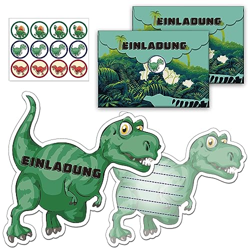 Hpbaggy 12PCS Dino T-Rex Einladungskarten Deutsche Kindergeburtstag mit 12 Dinosaurier Umschläge,12 Aufkleber,für Geburtstag,Themenparty,Festliche Feste,Geschenke für Kinder von Hpbaggy