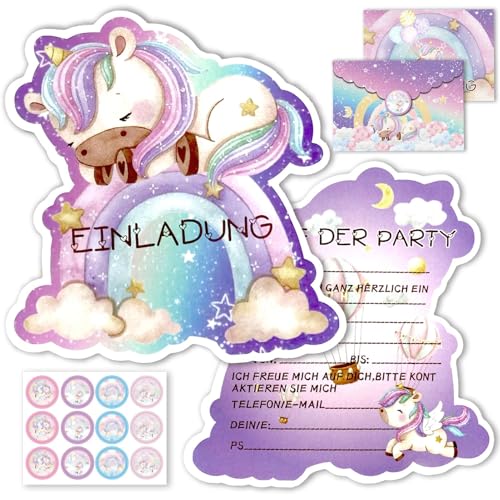 Hpbaggy 12PCS Einhorn Einladungskarten Deutsche Kindergeburtstag mit 12 Einhorn Umschläge,12 Einhorn Aufkleber,für Geburtstag,Themenparty,Festliche Feste,Geschenke für Kinder von Hpbaggy