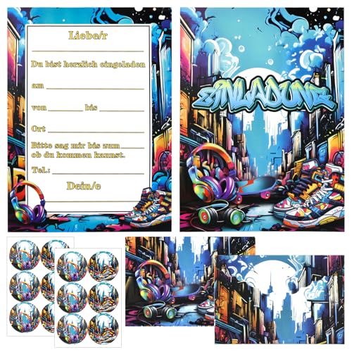 Hpbaggy Graffiti Neon City Einladungskarten,12 Deutsche Einladungskarten +12Umschläge,Graffiti Einladungskarten,Einladungskarten Geburtstag Jungs und Mädchen,Partyzubehör von Hpbaggy