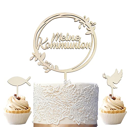 Hpbaggy Tortendeko Kommunion, Cake Topper Konfirmation Holz, Kommunion Torten Topper,Holz Taube Fische Tischdeko Konfirmation Kuchen Deko,Erstkommunion deko Junge Mädchen von Hpbaggy