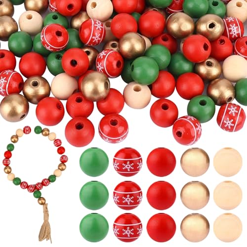 100pcs Weihnachtsperlen 16mm Holzperlen 5 Stile rund mit Hanpen Seil DIY Winter für Handwerksbaumpartydekoration von Hperu