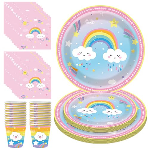 80pcs Einweg -Regenbogen -Partyzubehör Set umfasst 7 & 9 Teller, Tassen, Servietten zum Geburtstag, Babyparty, Pastellregenbogenpartydekorationen, Teller und Tassen und Serviettensets von Hperu