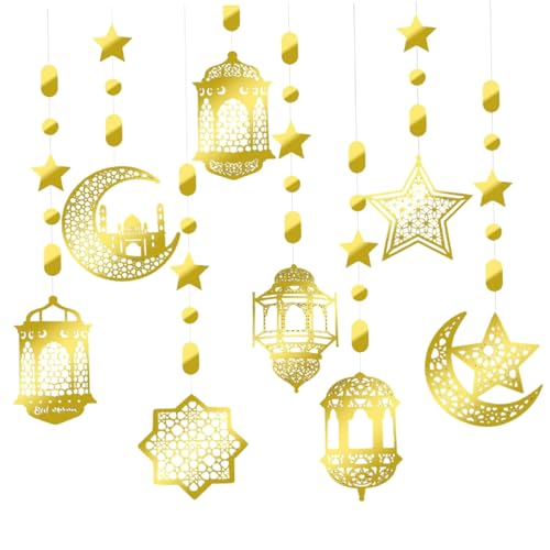 8pcs/Satz Eid Mubarak Dekorationen, Eid Hängende Dekorationen, Stern Mond Laterne Ramadan Girlande Assorted Hängende Goldene Papier für Haus, Ramadan Dekor von Hperu