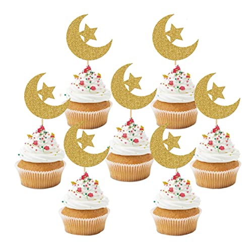 Eid Mubarak Cupcake Topper Sticks Glitzer Eid Kuchendekorationen Muslimparty liefert Moon Star Cupcake Topper von Hperu