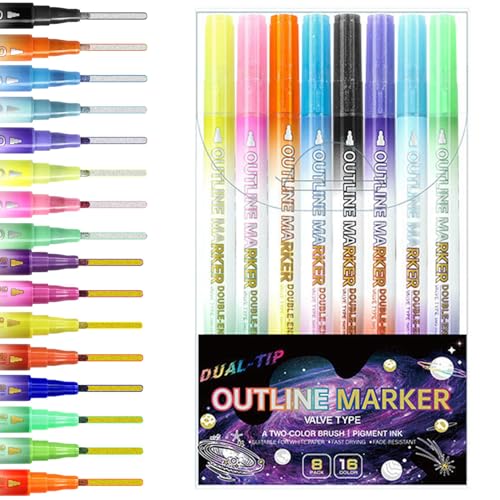 Hperu 8pcs Glitzermarkierungen, 16-Farben Dual Tipp Schnelltrocknen Metallic Sparkle Gel Stifte für Kinderzeichnung, Scrapbooking, Journaling und Kunstprojekte von Hperu