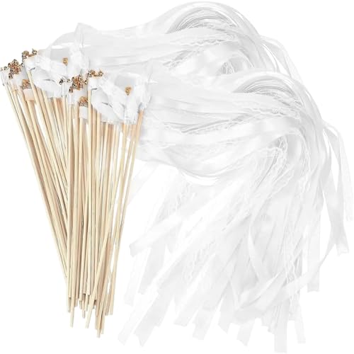 Ribbon -Zauberstäbe, 30pcs Spitze Ribbon Hochzeitsstäbe mit Stöcken und Glocken weiße Stöcke Seidenlözer für Partybevorzugungen Hochzeit Tanzfläche Requisiten von Hperu