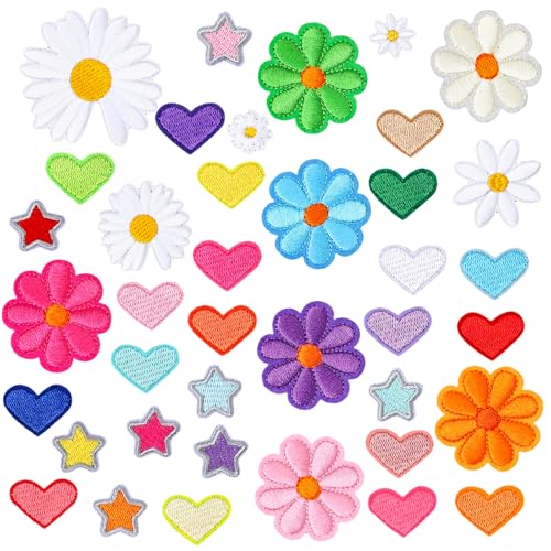 48 Stück bunte Blumen zum Aufbügeln auf Gänseblümchen, bestickte Nähflicken mit niedlichen Blumen, Stern, Herz-Applikationen, Flicken für Reparatur, DIY, Handwerk, Kleidung, Jacken, Jeans, Hosen, Hüte von Hpmjz