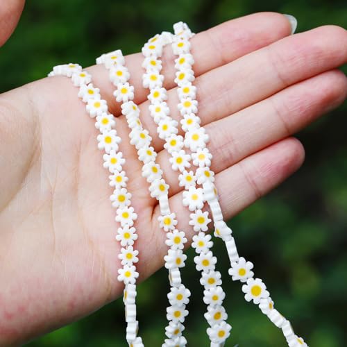 Hpmjz 120 Stück handgefertigte Glasperlen, weiße Gänseblümchen, handgefertigt, Millefiori, Lampwork-Glasperlen, flache weiße Blume, lose Abstandshalter-Perlen mit Loch für Armbänder, Halsketten Hpmjz 120 Stück handgefertigte Glasperlen, weiße Gänseblümchen, handgefertigt, Millefiori, Lampwork-Glasperlen, flache weiße Blume, lose Abstandshalter-Perlen mit Loch für Armbänder, Halsketten von Hpmjz