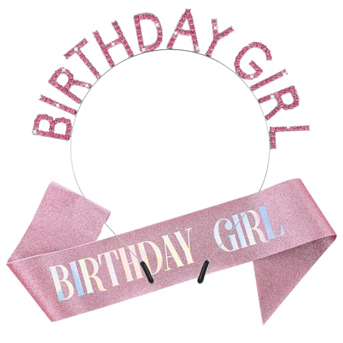 Hpmjz Glitzernde rosa Geburtstagsschärpe, Tiara und Strass Stirnband Set Happy Birthday Krone Tiara Stirnband Prinzessin Rosa Geburtstag Party Süße Accessoires Dekorationen für Frauen Mädchen von Hpmjz