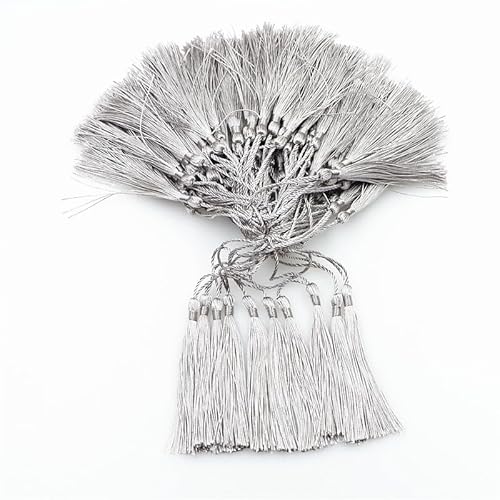 Hrlace 100 Stück Seide Quaste mit Lanyard 13cm Mini Lesezeichen Tassels Handgemachte Quaste für die Herstellung von Schmuck, Souvenirs, Lesezeichen, DIY Handwerk Quaste Ohrring Hellgrau von Hrlace
