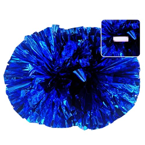Hrlace 2 Stück Cheerleading Pom Poms Metallfolie Cheerleader Pompons Bunte Cheer Blumenkugel Griffblumen Kunststoff Handblume für Erwachsene Kinder Sport Cheers Blau Handgriff M=32cm von Hrlace