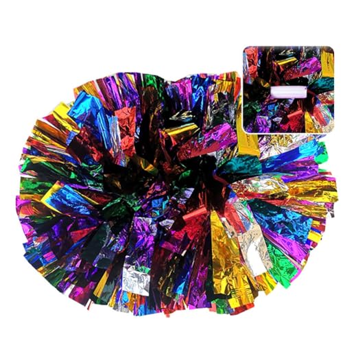 Hrlace 2 Stück Cheerleading Pom Poms Metallfolie Cheerleader Pompons Bunte Cheer Blumenkugel Griffblumen Kunststoff Handblume für Erwachsene Kinder Sport Cheers Bunt Handgriff L=35cm von Hrlace