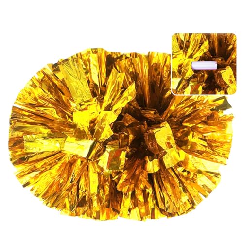 Hrlace 2 Stück Cheerleading Pom Poms Metallfolie Cheerleader Pompons Bunte Cheer Blumenkugel Griffblumen Kunststoff Handblume für Erwachsene Kinder Sport Cheers Gold Handgriff M=32cm von Hrlace
