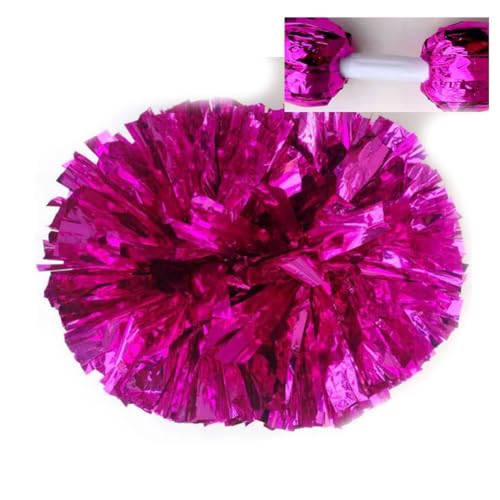 Hrlace 2 Stück Cheerleading Pom Poms Metallfolie Cheerleader Pompons Bunte Cheer Blumenkugel Griffblumen Kunststoff Handblume für Erwachsene Kinder Sport Cheers Rosenrot Handgriff L=35cm von Hrlace
