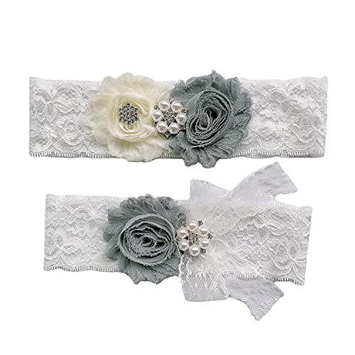 Hrlace 2 stücke Hochzeit Strumpfband Blume Spitze Perlen Elastische Brautstrumpfbänder mit Schleife Spitze Bein Strumpfband Unterwäsche Zubehör für Braut Hochzeit zugunsten Deko Grau von Hrlace
