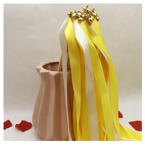 Hrlace 20 Stück Wedding Wands Hochzeit Luftschlangen mit Glocken Band Zauberstäbe Ribbon Fairy Stick Hochzeit Feenstäbe Glücksstäbe Seidenfeenstab für Hochzeiten Geburtstag Party Gelb 20 Stück von Hrlace