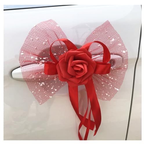 Hrlace 4 Stück Autoschmuck Hochzeit Auto Deko Blumen Autoschleife Wedding Car Schleife mit Rosen Hochzeitsauto Rückspiegel Türgriff Dekoschleife für Hochzeitsdeko Rot von Hrlace