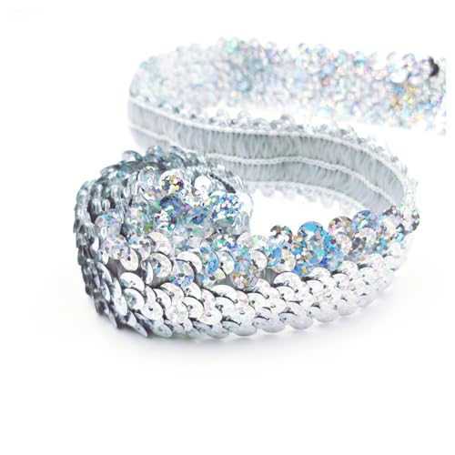 Hrlace 5 Yard 3cm Pailletten Spitzenband Nähspitze PaillettenBand Glitzer Paillettenbesatz Glänzend Zum Nähen Deko für Hochzeit Tischdeko DIY Kleidung Accessoires Schmuck Handwerk Laser Silber von Hrlace