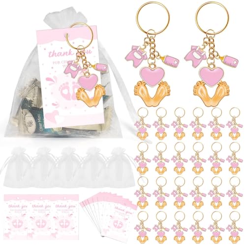 Hrlace Schlüsselanhänger mit Babyfuß und Babyflaschen Danks Geschenk Baby-Fußabdruck-Schlüsselanhänger mit Organzas-Taschen und Dankeskarten Säuglingsdusche für Gäste Babyparty Rosa 20 Stück von Hrlace