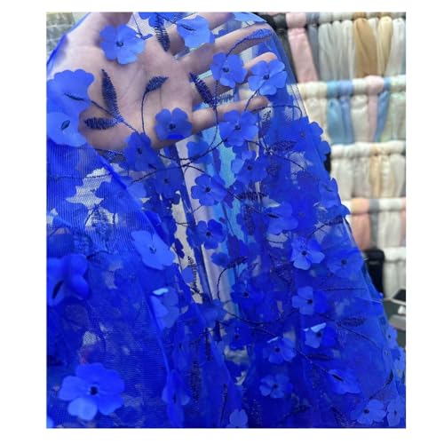 Hrlace Tüll Stoff 130cm x 1Yard 3D Blumen Bestickter Tüllstoff Transparenter Netzstoff zum Nähen Mode Spitzenstoff für DIY Basteln Hochzeitskleid Tüllröcken Kostümen Heimdekoration Dark Blau von Hrlace