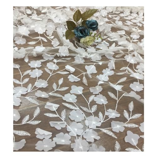 Hrlace Tüll Stoff 130cm x 5 Yard 3D Blumen Bestickter Tüllstoff Transparenter Netzstoff zum Nähen Mode Spitzenstoff für DIY Basteln Hochzeitskleid Tüllröcken Kostümen Heimdekoration Weiß von Hrlace