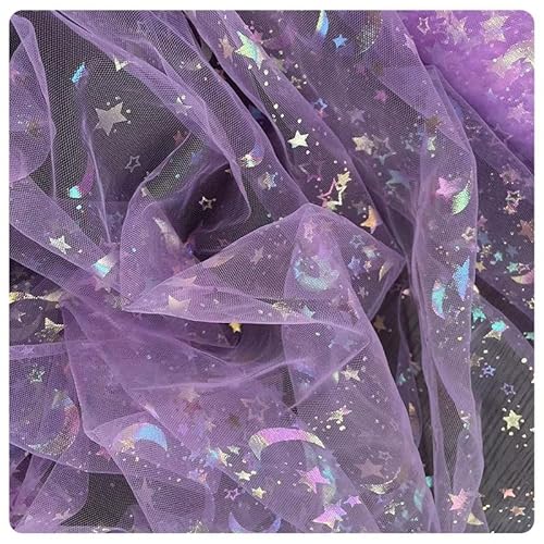 Hrlace Tüll Stoff mit Stern Mond Pailletten Glitzer Tüllstoff Regenbogen Tulle Dekostoff Tüllband Organza Stoffe für Hochzeit DIY Headwear Handwerk Geschenk Wrap Tutu Rock Lila 100cm * 2m von Hrlace