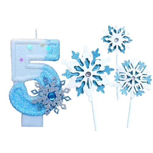 Glitzernde Zahlenkerze 5 mit Schneeflocken Deko, Geburtstagskerzen Zahlen, Geburtstagskerze für Mädchen 5 Kinder, Blue White Frozen blau-weiße Eiskönigin Kuchen Kerzen Topper Geburtstagsdeko von HsentimenH