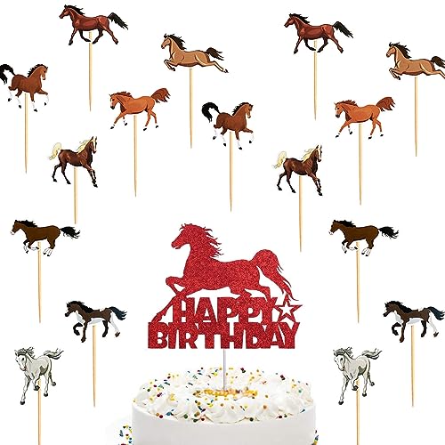 HsentimenH 17 Stück Pferde Tortendeko Geburtstag Pferde Cupcake Toppers, Pferde Geburtstagsdeko für Geburtstagsfeiern zum Thema Pferderennen Kindergeburtstag Party Pferd Thema Party Deko von HsentimenH