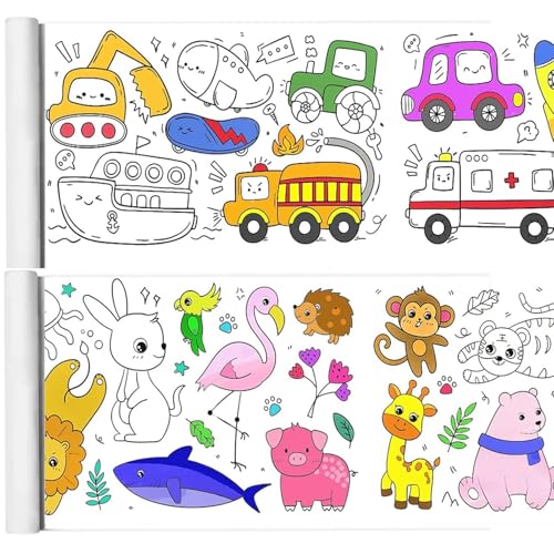 Hshenjhu 2 Stück Malrolle für Kinder 30 * 300 cm, Selbstklebend Färbung Zeichenrolle, Schneidbare Malpapier Rolle, DIY Malpapier Rolle für Mädchen und Jungen (Tierwelt, Transport) von Hshenjhu