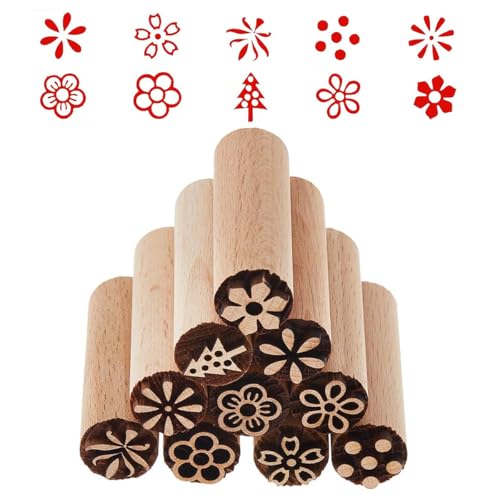 10 Stück Stempel für Ton und Keramik Holzstempel, Gravierte Stempel,Blumen Designs Blöcke stempel,Runde Holzstempel Handgeschnitzte für DIY Ton Keramik für Teig Gebäck ton Kekse Modellieren(5x1.5cm) von Hshihaysx