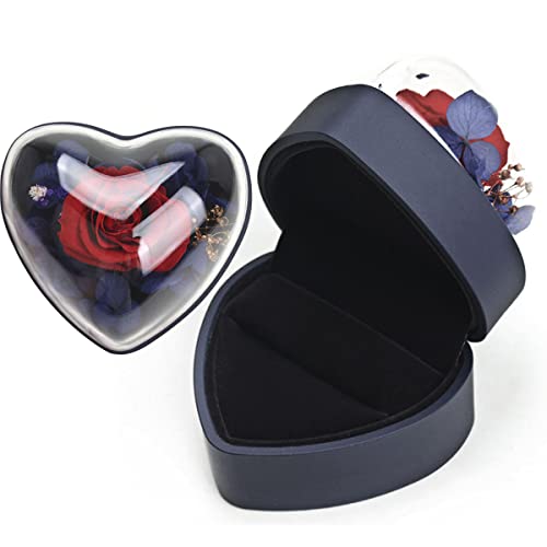 Hsiwto Konservierte Blume Rose Ring Box, Herzform Samt Schmuckschatulle für Valentinstag Muttertag Hochzeitstag Geburtstag Geschenk, Dunkelblau GB023-HRBU von Hsiwto