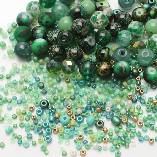 100 g gemischte grüne Perlen zur Schmuckherstellung, geeignet für Schmuckherstellung, Armbänder, Halsketten, DIY-Projekte, 8 mm + kleine Perlen (grün) von Hsrag