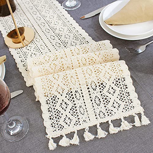 Hsthe Sea Beigefarbene Boho-Tischdecke, handgefertigte Fransen-Baumwolltischdecke, rechteckige Häkelspitze-Hohlmaschen-Tischdecke für rustikale Boho-Hochzeitstischdekoration, 180 cm x 24 cm von Hsthe Sea