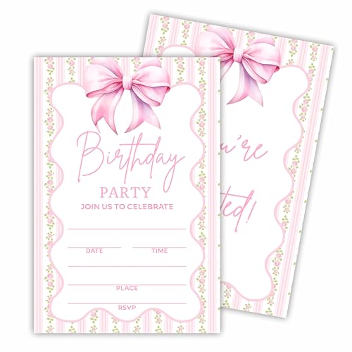 Hsupl A05 Geburtstagseinladungskarten, 10,2 x 15,2 cm, rosa Schleife und Blumen, Set mit 20 Geburtstagseinladungen mit Umschlägen, Einladungen für Frauen, Teenager, Kinder, Mädchen, Partyzubehör von Hsupl