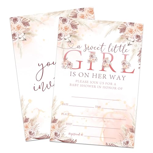 Hsupl Boho Blumenmotiv Babyparty Einladungs-Set Sweet Girl is on her way, 25 Einladungskarten für Babypartys mit Umschlägen, Geschlechtsoffenbarung, Baby-Ankündigung, Party-Dekoration & Zubehör - A07 von Hsupl