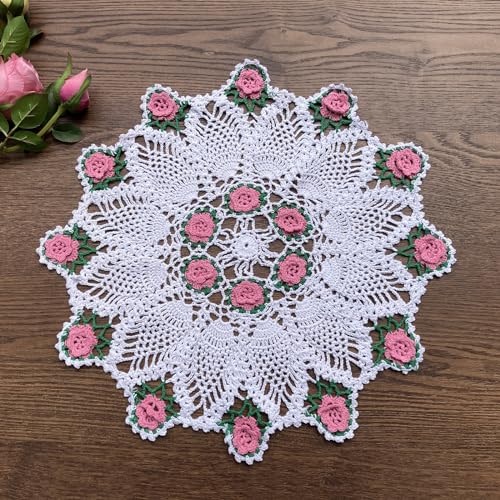 Hsvanyr Handgefertigte Häkel-Tischdecke mit Blumenmuster, rund, Bauernhaus-Tischdecken für Hochzeit, 45,7 cm, rosa Rose von Hsvanyr