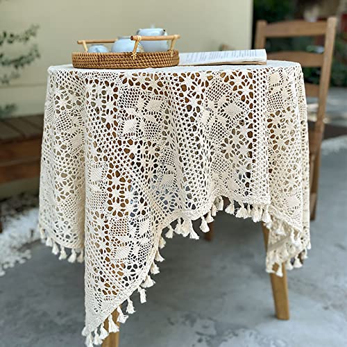 Hsvanyr Tischdecke, quadratisch, Baumwolle, handgefertigt, Häkelspitze, Deckchen, Deckchen, Topper, Schal für Couchtisch, Kommode, Schal, Dekoration mit Quaste, 130 x 129,5 cm von Hsvanyr