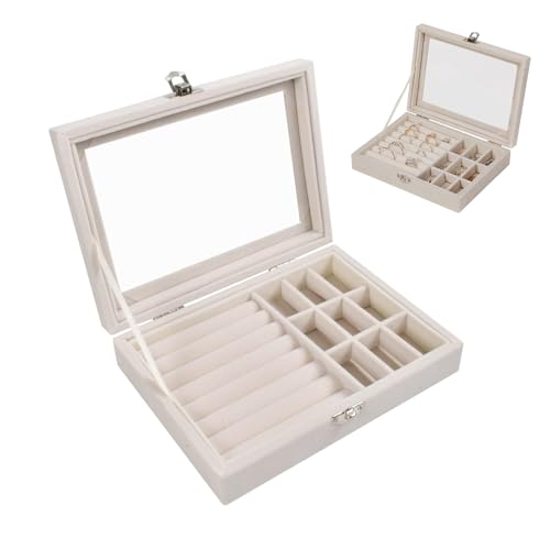 Hsyadazi 1 Stück Schmuckkästen mit Glasdeckel, Beflockung Schmuckschatulle Mit Schloss Schmuckbox Reise Schmuckkästchen für Damen, für Halskette Ohrringe Ring, Aufbewahrungsbox für Schmuck (Beige) von Hsyadazi