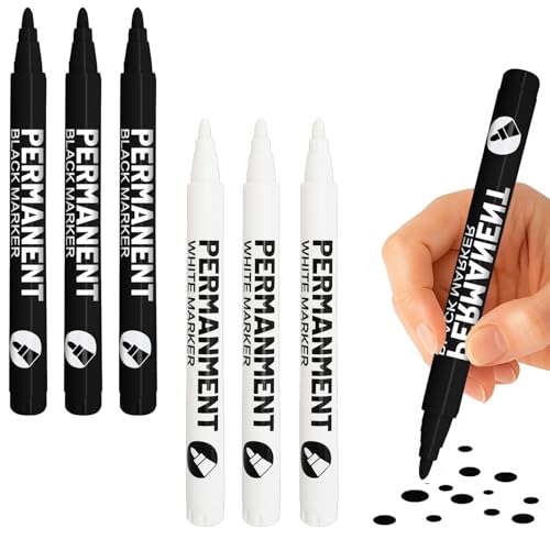 Hsyadazi 6 Stück Permanentmarker Set (3x Weiß + 3x Schwarz) - Wasserfeste Acrylstifte für alle Oberflächen - Feine 1-2mm Spitze für Holz, Glas, Stein & Textilien von Hsyadazi