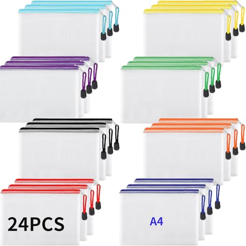 24 Stück A4-Netztaschen mit Reißverschluss, 8 Farben, Netztaschen mit Reißverschluss, wasserdichte Dokumententaschen für die Organisation der Aufbewahrung, transparente Aufbewahrungstaschen für Büro von Hsyydzi