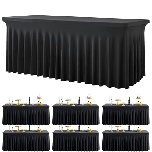 6 Pack Schwarz Dehnbare Spandex Tischdecke für 1.8m Rechteckige Tisch, Waschbare und knitterfreie Stretch Tischdecke Rechteckig für Partys Veranstaltungen, Hochzeiten, Bankette, [183Lx76Wx74H] cm von Htper