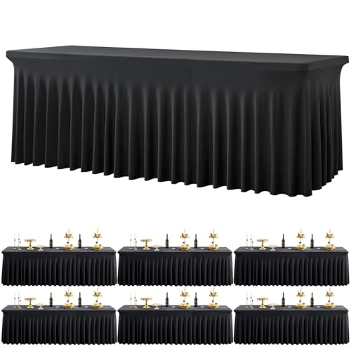 6 Pack Schwarz Dehnbare Spandex Tischdecke für 243 cm Rechteckige Tisch, Waschbare und knitterfreie Stretch Tischdecke Rechteckig für Partys Veranstaltungen, Hochzeiten, Bankette, [243Lx76Wx74H] cm von Htper
