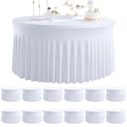 Htper Runde Spandex-Tischdecken für 152,4 cm große Tische, dehnbar, faltenfrei, 304,8 cm, 152,8 cm, runde Tischdecke mit Rock, für Hochzeit, Party, Geburtstag, Bankett, Verlobung, 12 Stück von Htper