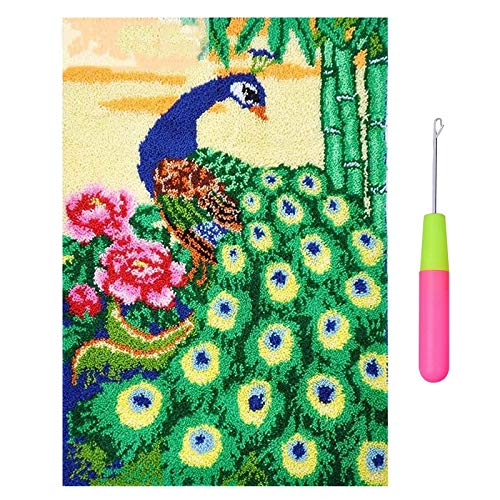 HuaHong Knüpfteppich Kreuzstich, Großer Stickerei Teppich Knüpfen DIY Set Selber Machen Set für Kinder Erwachsene zum Selber Knüpfen, 110 x 75 cm (Color : Flower Peacock)… von HuaHong
