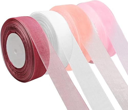 4 Rollen Organzaband, 25mm x 45m Schleifenband Hochzeit Geschenkband Chiffonband für Geschenkverpackung DIY Glücksbringer Geburtstag Taufe Hochzeit Deko (4 Farben) von HuaJiao