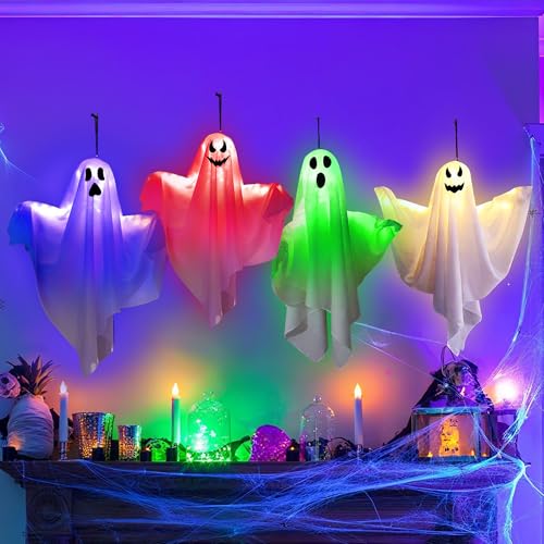 HuaMuDM 4 Stück Geist Hängen Geistergesicht Mit Lichter, LED Hängende Geister, Halloween Deko Geister, Halloween Geister Mit LED Lichtern, Hängende Geister Dekorationen von HuaMuDM