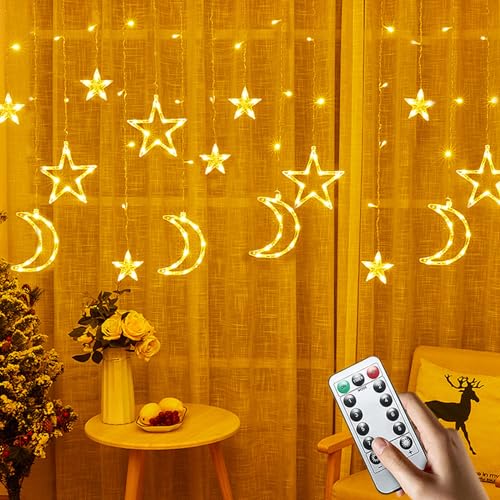 Sterne Vorhang Lichter,3.5m LED Sterne Mond Vorhang Licht,Sterne Lichtervorhang, LED Ramadan Licht Stern Mond Lichterketten,Lichterkette Sternenvorhang Warmweiß,LED Lichterketten Stern Mond von HuaMuDM