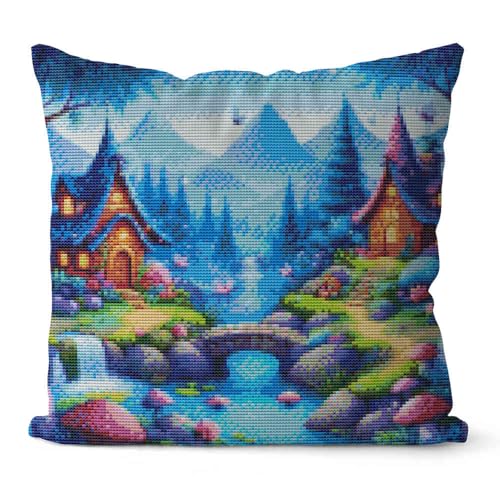 Huacan Kreuzstich Kissen Set Vorgedruckt Landschaft Kissenbezug DIY Gebastelt Stickset ohne Kissenkern für Anfänger Erwachsene 45x45cm von Huacan