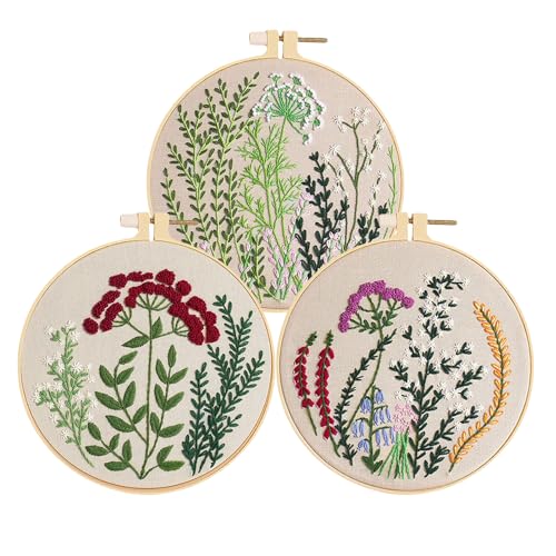 Huacan Stickerei Set für Anfänger Adults 3 Stück Diy Stickset Blumen Muster Pflanzen Kreuzstich Set Kunst Handwerk Geschenk 20 x 20 cm von Huacan